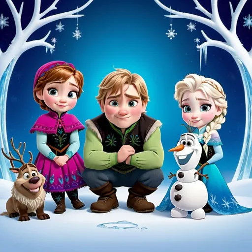 Prompt: Characters from frozen as babys or kids with pretty backround like a family photo