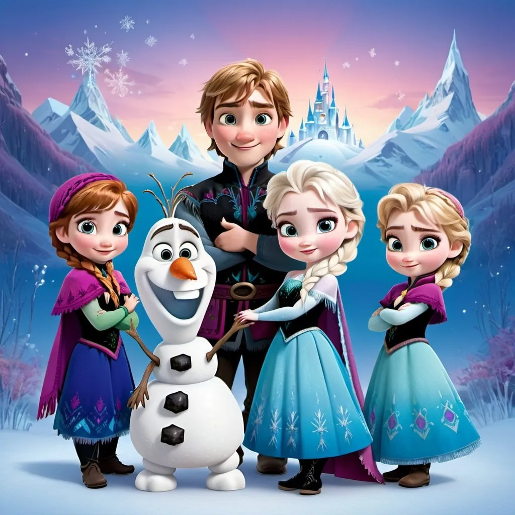 Prompt: Characters from frozen as babys or kids with magical pretty backround like a family photo no doubles