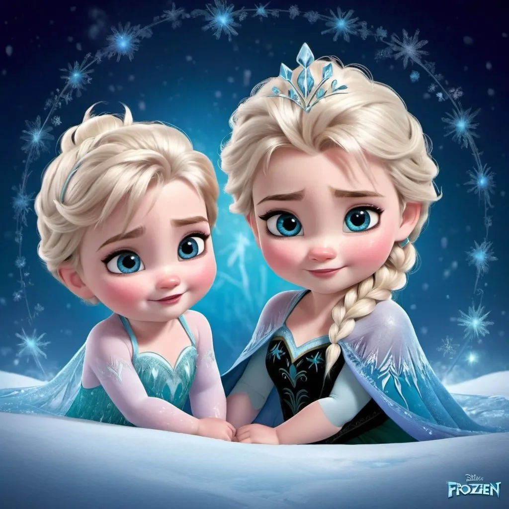 Prompt: Frozen characters as babys with magical backround
