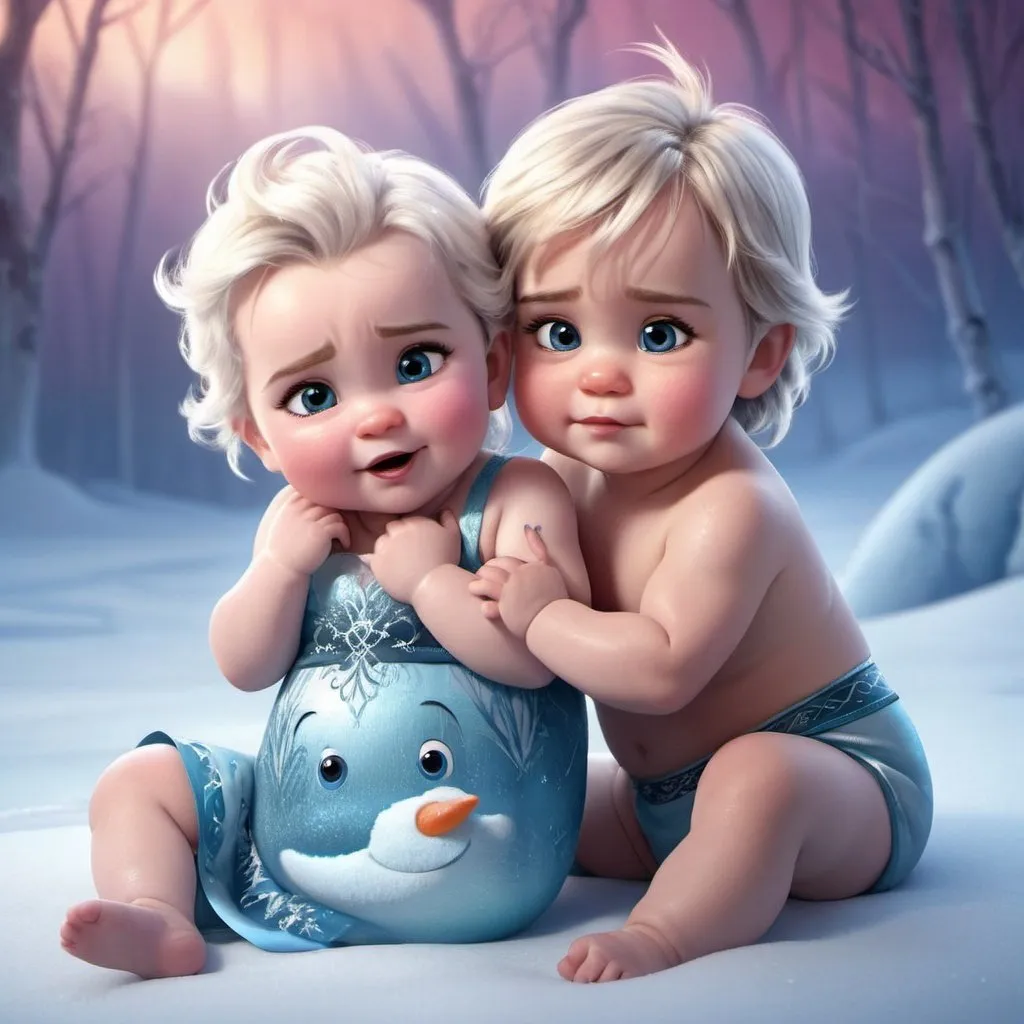 Prompt: Characters crom frozen as babys or kids with pretty backround