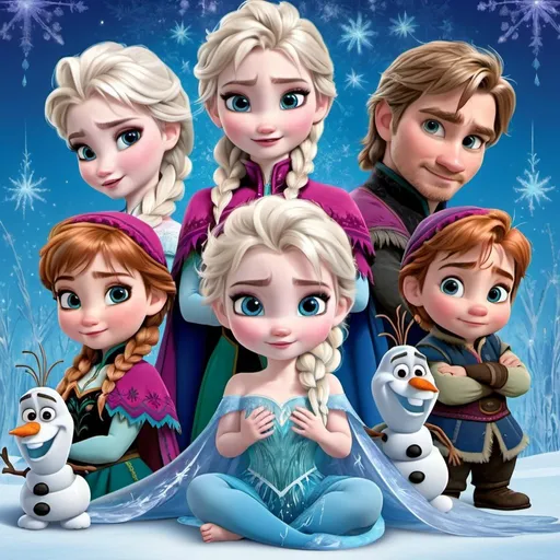Prompt: Frozen All characters as babys with magical backround full detail
