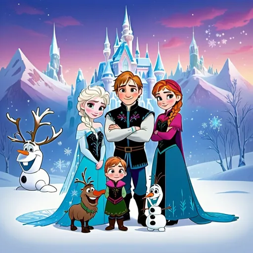 Prompt: Characters from frozen as babys or kids with magical pretty backround like a family photo no doubles