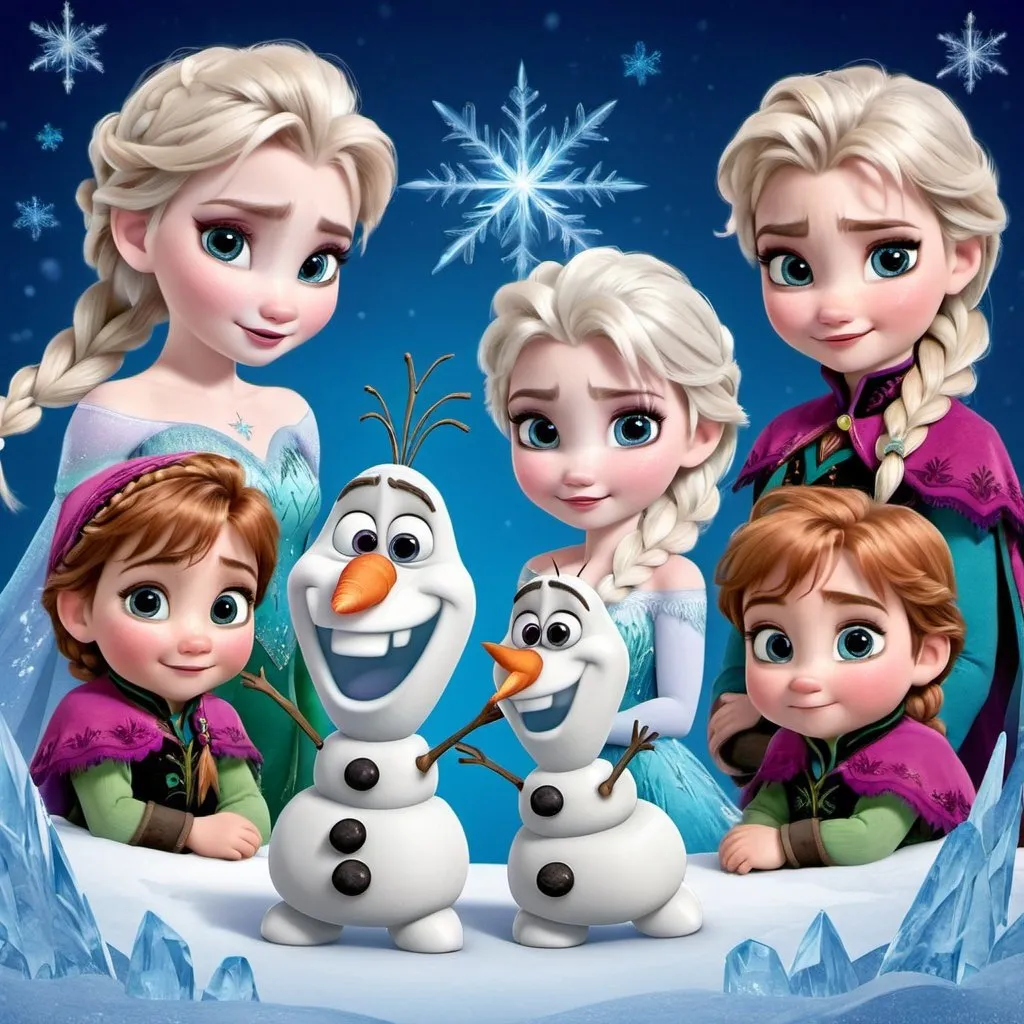 Prompt: Frozen All characters as babys with magical backround
