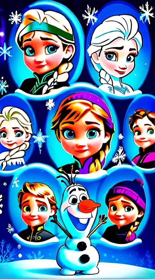 Prompt: Frozen All characters as babys with magical backround details and effects family no doubles
