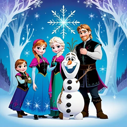 Prompt: Characters from frozen as babys or kids with magical pretty backround like a family photo no doubles