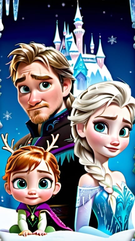 Prompt: Frozen All characters as babys with magical backround full detail and effects family 
