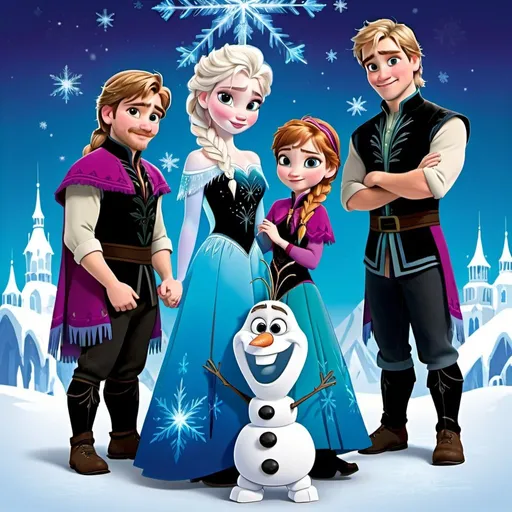 Prompt: Characters from frozen as babys or kids with magical pretty backround like a family photo no doubles
