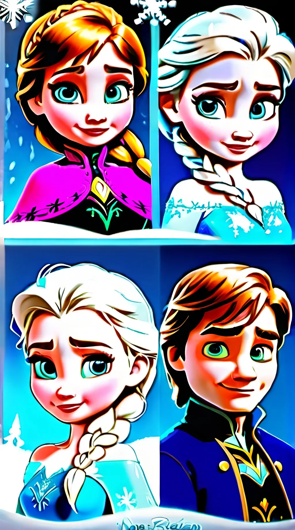 Prompt: Frozen All characters as babys with magical backround details and effects family no doubles
