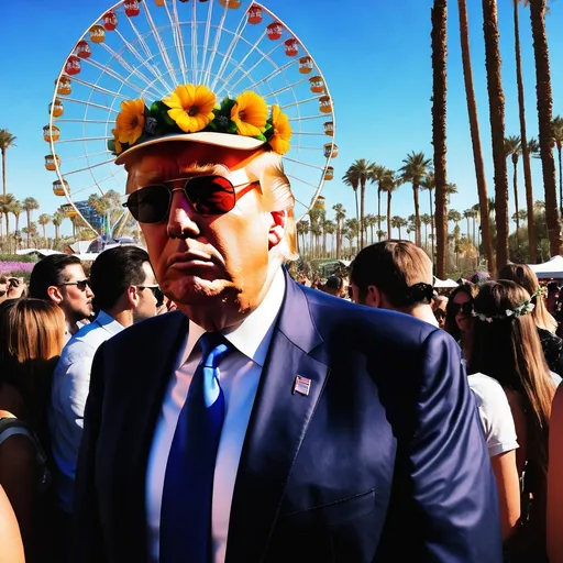 Prompt: Donald trump wearing a flower crown at coachella٫ ferris wheel in the background٫ sunny