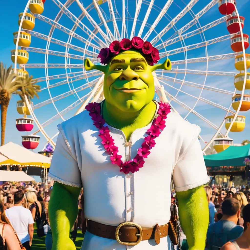 Prompt: Shrek wearing a flower crown at coachella٫ sunny٫ ferris wheel in background