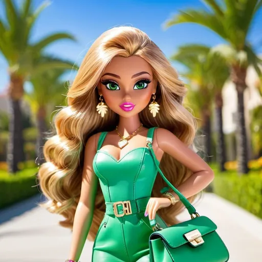 Prompt: bratz girl, green eyes, beautiful, pretty hair, beverly hills, sunny, high definition, luxury, carrying purse, palm trees