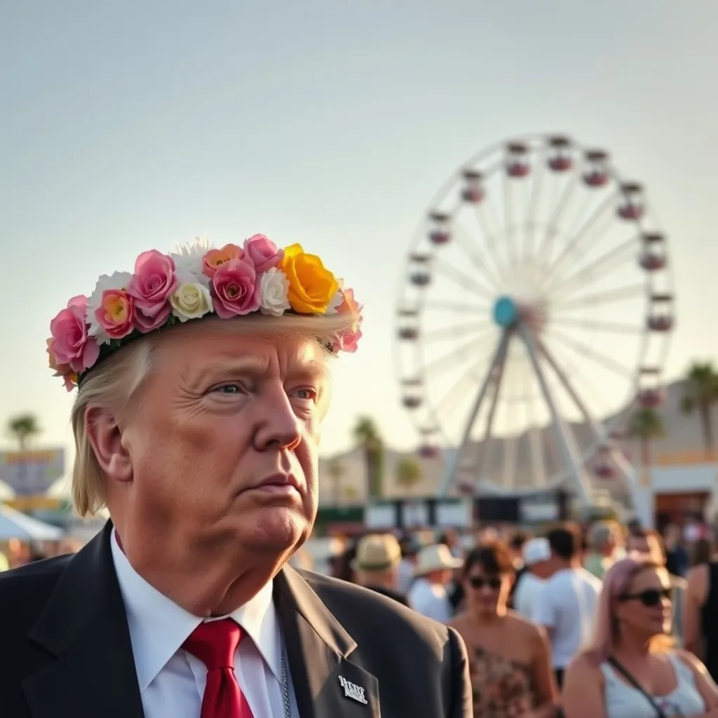 Prompt: Donald trump wearing a flower crown at coachella٫ ferris wheel in the background٫ sunny