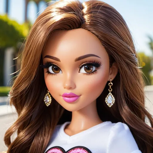 Prompt: bratz girl, hazel eyes, beautiful, brown hair, beverly hills, sunny, high definition, luxury