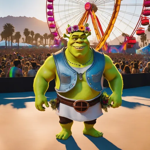 Prompt: Shrek wearing a flower crown at coachella٫ sunny٫ ferris wheel in background