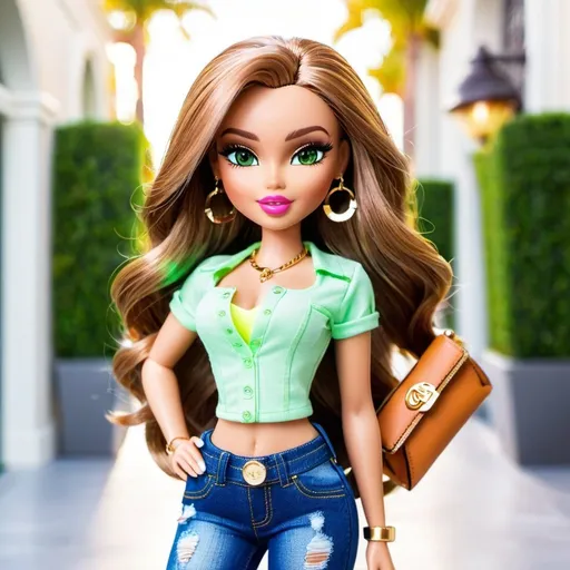 Prompt: bratz girl, green eyes, beautiful, pretty hair, beverly hills, sunny, high definition, luxury, carrying purse, jeans, face highlighter, pinterest