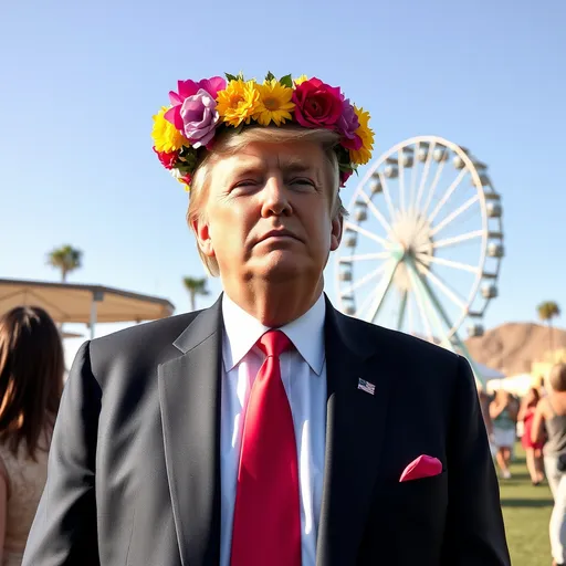 Prompt: Donald trump wearing a flower crown at coachella٫ ferris wheel in the background٫ sunny