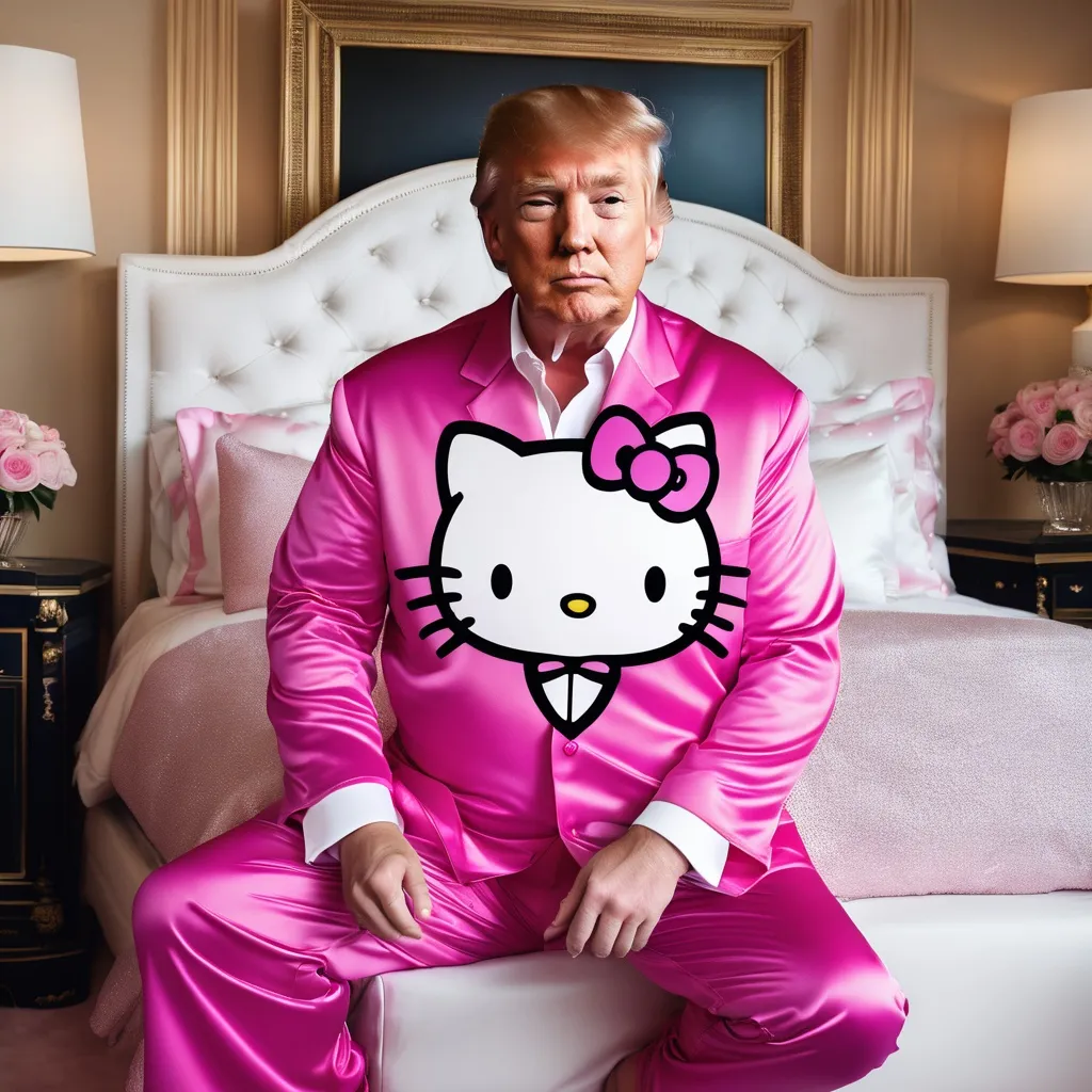 Prompt: Donald trump wearing hello kitty pajama pants٫ beautiful٫ luxury pink bedroom