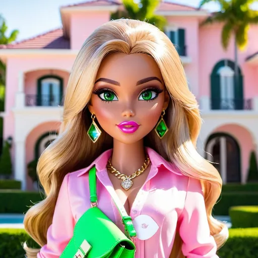 Prompt: bratz girl, green eyes, beautiful, pretty hair, beverly hills mansion, sunny, high definition, luxury, carrying purse, face highlighter, pinterest, pink blouse