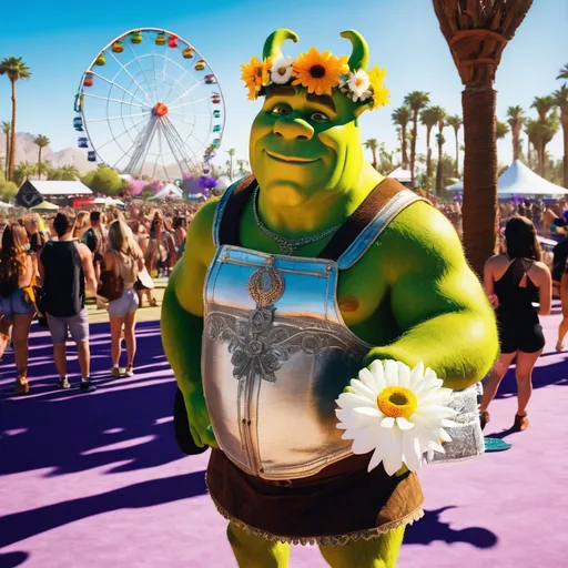 Prompt: Shrek wearing a flower crown at coachella٫ sunny٫ ferris wheel in background