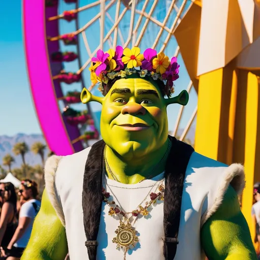 Prompt: Shrek wearing a flower crown at coachella٫ sunny٫ ferris wheel in background