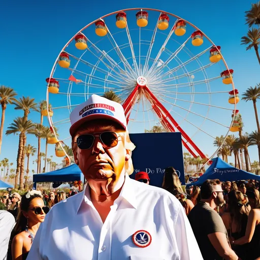 Prompt: Donald trump wearing a flower crown at coachella٫ ferris wheel in the background٫ sunny