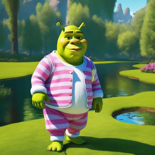 Prompt: Shrek standing in his swamp on a sunny day٫ he is wearing hello kitty pajama pants