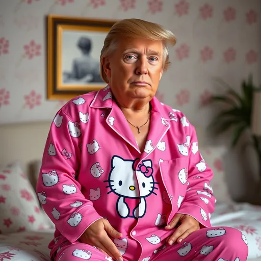 Prompt: Donald trump wearing beautiful hello kitty pajama pants