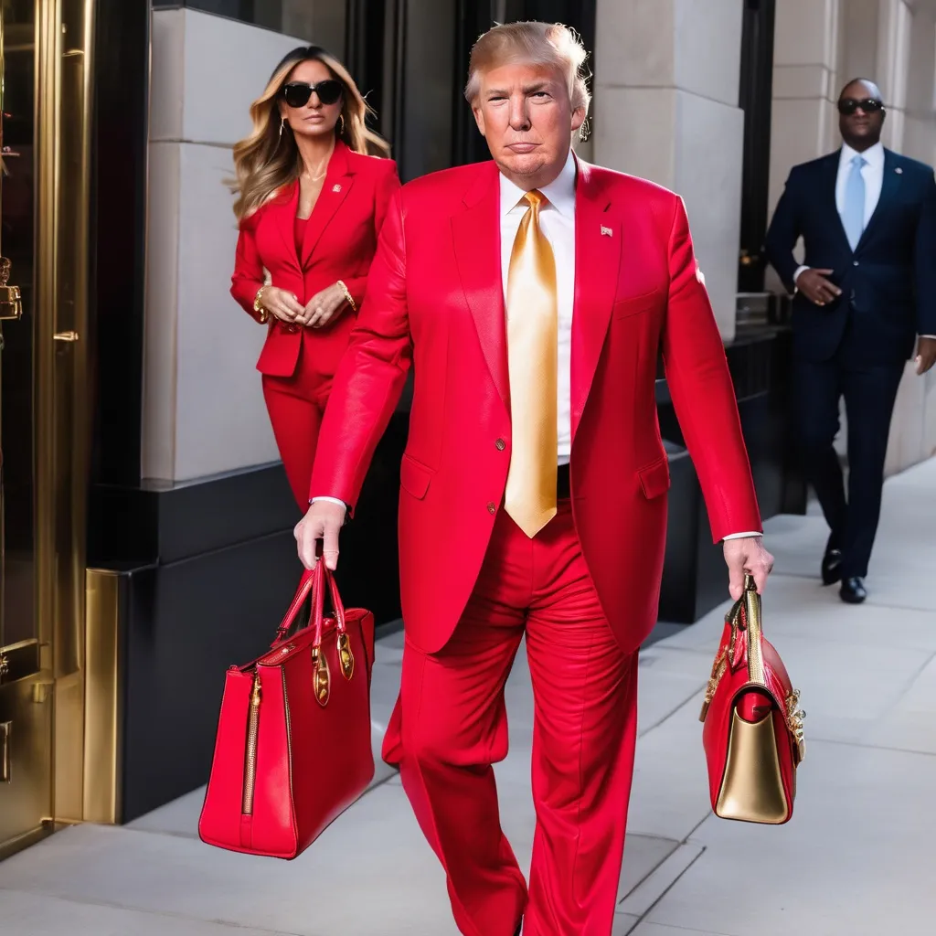 Prompt: Donald trump wearing a red juicy couture sweat suit and carrying a gold birkin handbag