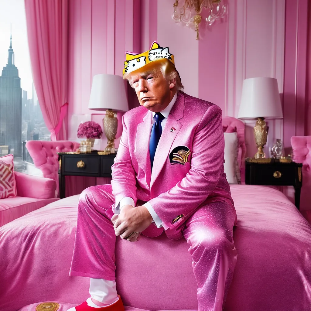 Prompt: Donald trump wearing hello kitty pajama pants٫ beautiful٫ luxury pink bedroom