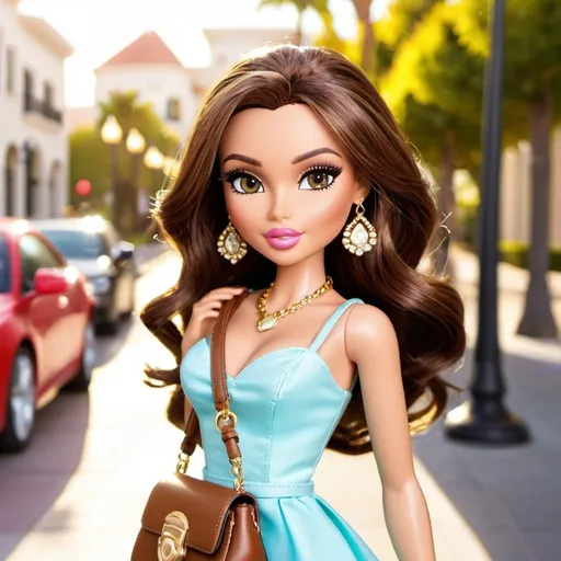 Prompt: bratz girl, hazel green eyes, beautiful, brown hair, beverly hills, sunny, high definition, luxury, carrying purse