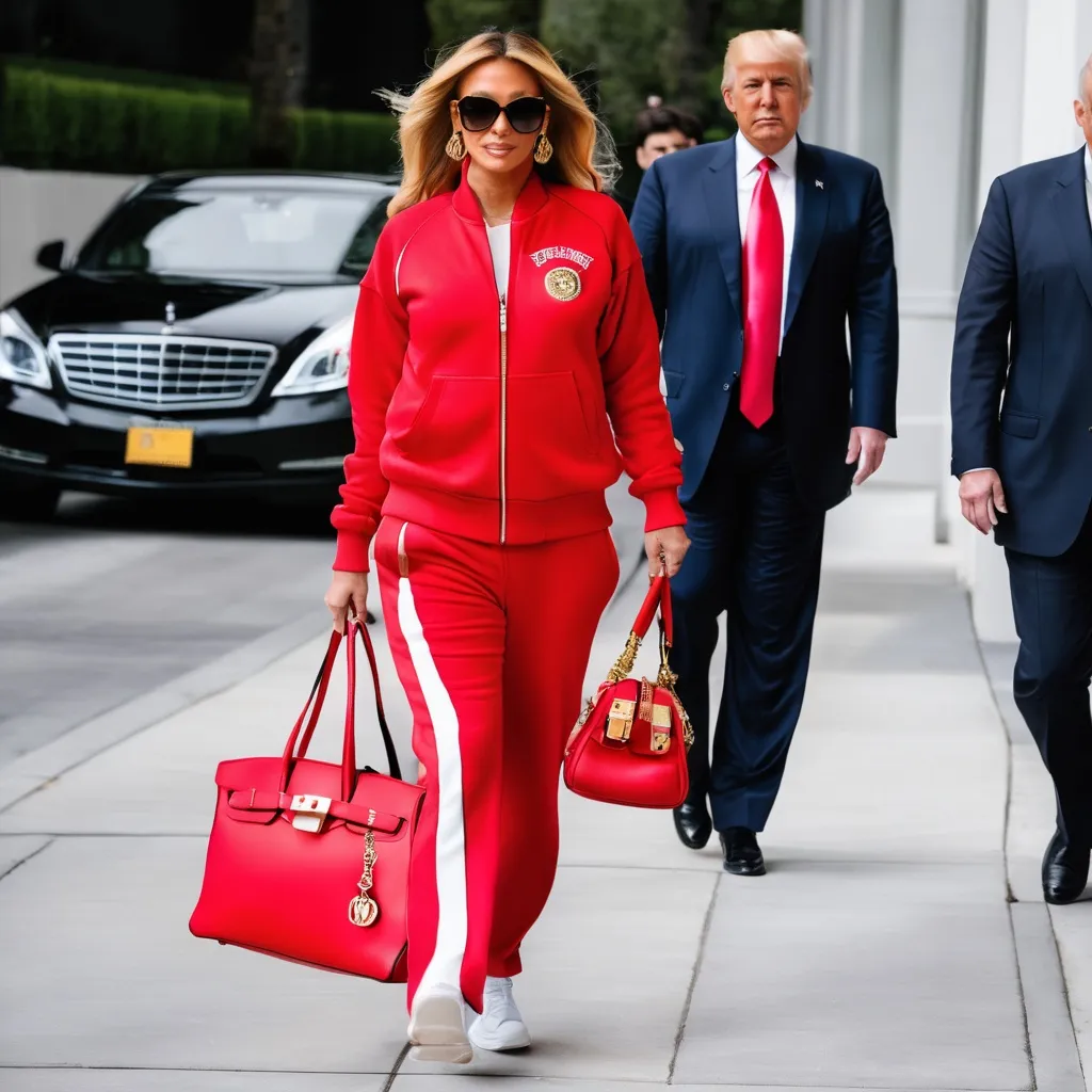Prompt: Donald trump wearing a red juicy couture sweat suit and carrying a gold birkin handbag