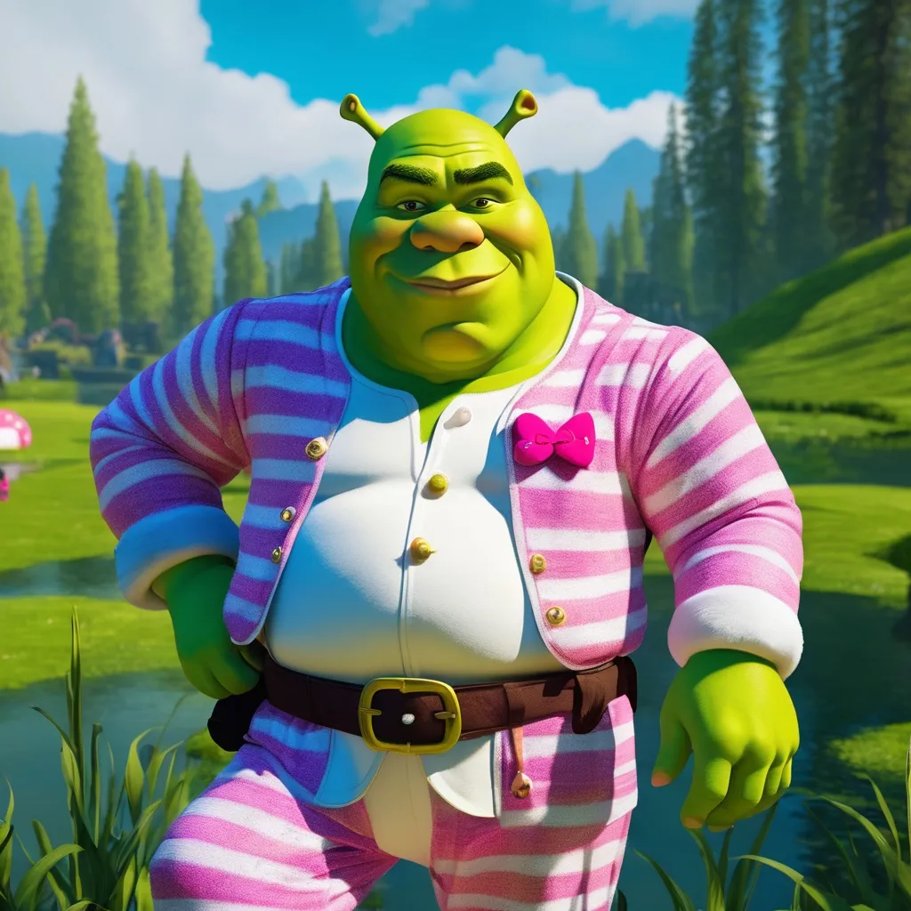 Prompt: Shrek standing in his swamp on a sunny day٫ he is wearing hello kitty pajama pants