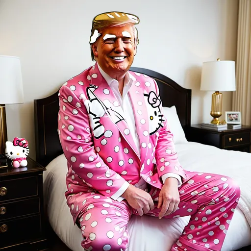 Prompt: Donald trump wearing hello kitty pajama pants