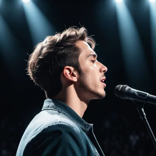 Prompt: an aesthetic profile picture for a male singer, 4k, unrealistic, beyond the imagination, rear view, while singing on the biggest auditorium stage
