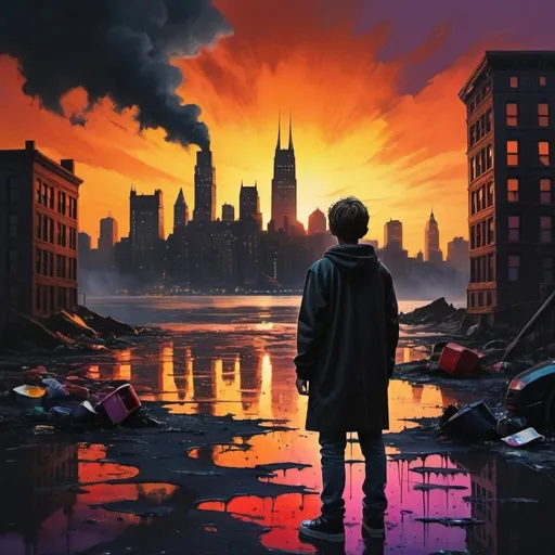 Prompt: A realistic, dark temperature, high contrast scenic view of a gotham city in an island with a lone teenage boy  standing on the spilled paints, Sunset, color enhance, rear view rear view