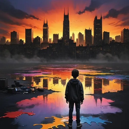 Prompt: A realistic, high contrast scenic view of a gotham city in an island with a lone teenage boy  standing on the spilled paints, Sunset, color enhance, rear view rear view