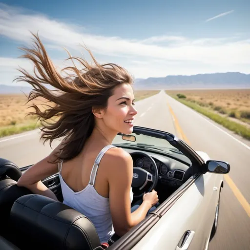 Prompt: Create an inspiring scene of a confident and adventurous woman embarking on a road trip along a vast highway. Show her driving a convertible car with the wind in her hair, surrounded by open landscapes and endless possibilities. Capture the feeling of freedom, independence, and excitement as she journeys along the open road, symbolizing the boundless opportunities and adventures that lie ahead in life. 