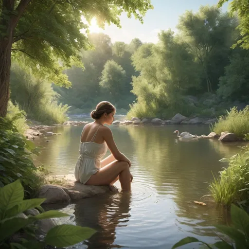 Prompt: Generate an idyllic riverside scene featuring a woman enjoying a serene moment in nature, bathing in the gentle sunlight with foliage and wildlife surrounding her. Capture the tranquility and natural beauty of the setting, emphasizing the connection between the women and her environment.