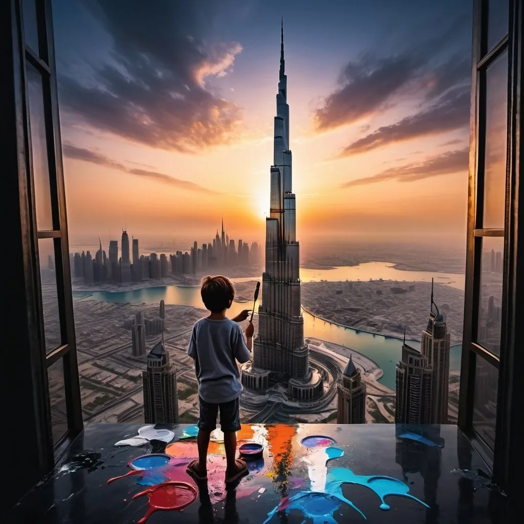 Prompt: A realistic, high contrast scenic view of a gotham city in an island with a lone teenage boy holding paint brush standing on the burj khalifa tower, Sunset, color enhance, rear view