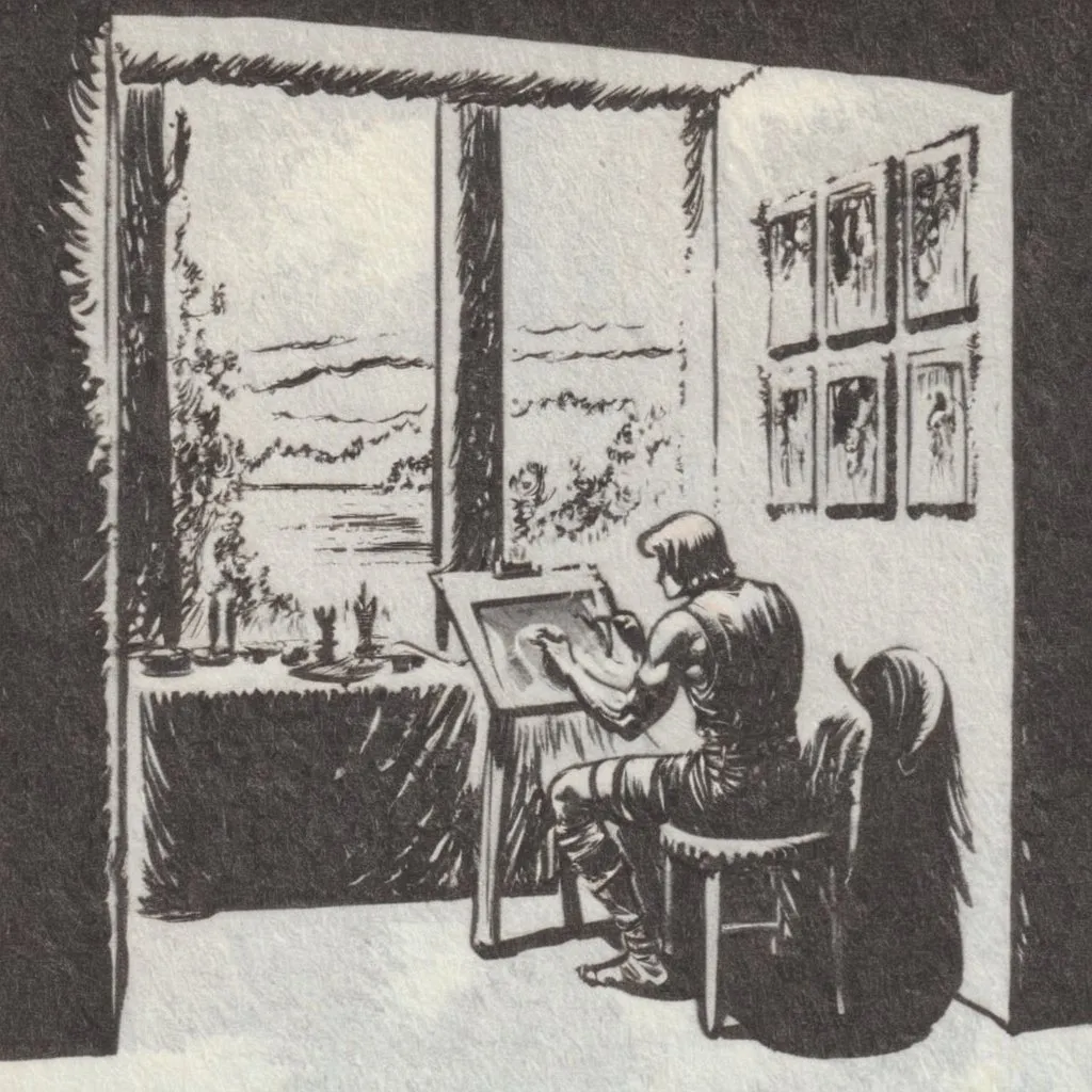 Prompt: male artist painting in his room visualising world through the window for an inspiration
