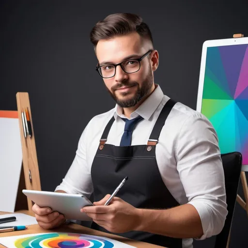 Prompt: sleek and modern profile picture featuring the man with a graphic design-related prop, like tablet with a stylus or a color palette. position him in a creative environment with some design elements in the background to showcase his profession and skills. keep the lighting soft and professional.