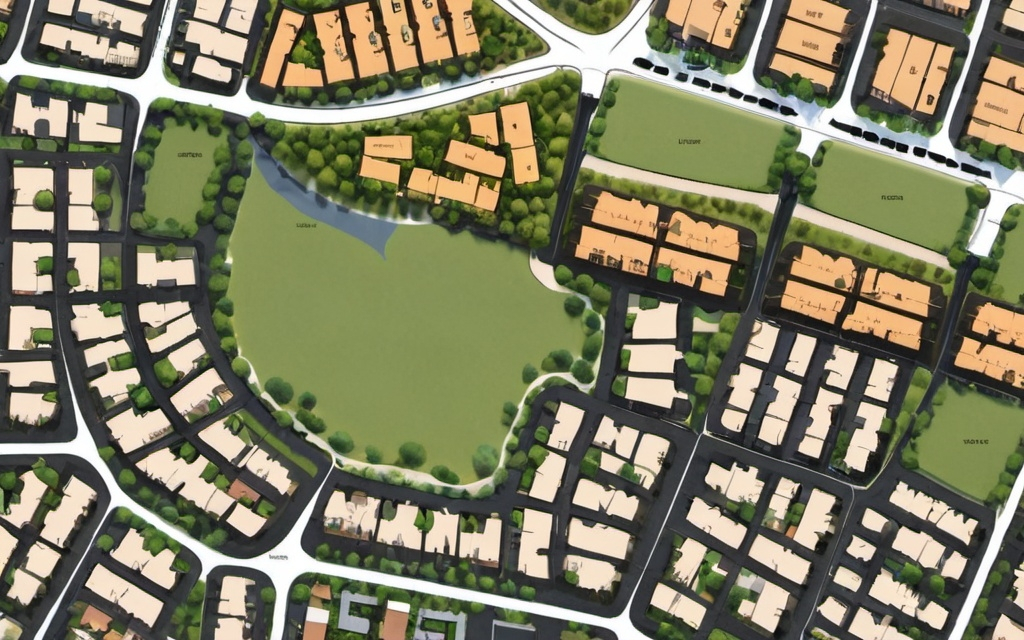 Prompt: Design a general map and aerial photo of a 15-minute neighborhood on this land and place uses suitable for a sustainable neighborhood to a corner where the walking path is a maximum of 15 minutes and affordable housing is also included in this neighborhood. be