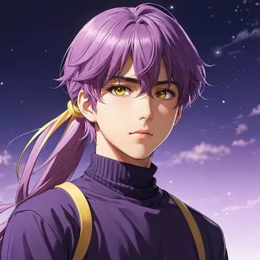 Prompt: 1boy, anime manhwa style, ((masterpiece)), ((best quality)), ((highest quality)), (cinematic lighting), looking at viewer, purple hair, long hair with bangs, long hair tied on a ponytail, yellow eyes, purple turtleneck, long sleeves, blushing
