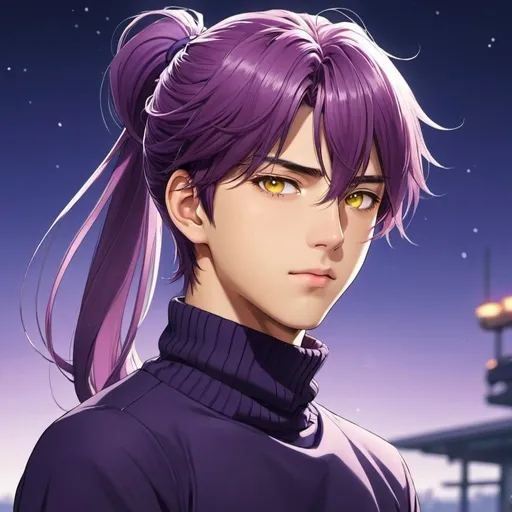 Prompt: 1boy, anime manhwa style, ((masterpiece)), ((best quality)), ((highest quality)), (cinematic lighting), looking at viewer, purple hair, long hair tied on a ponytail, yellow eyes, purple turtleneck, long sleeves, blushing