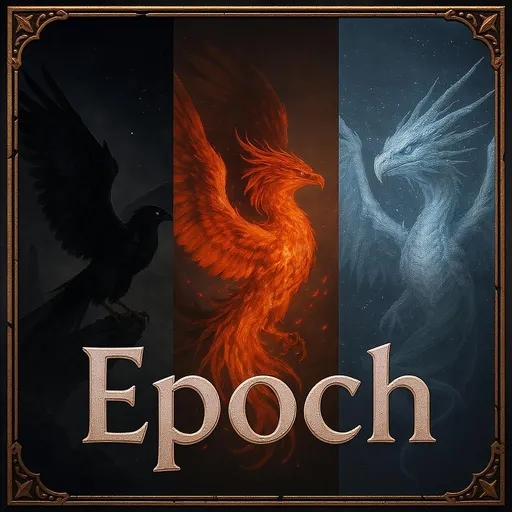 Prompt: Generate an image of a Nighthawk, a Phoenix in flames, an Infinite Drake in Frost and the word Epoch in bold font with a medieval theme.
