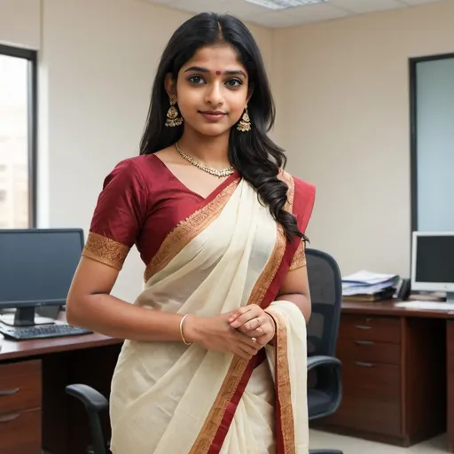 Prompt: Create a image of an Indian girl wearing a saree and going to office