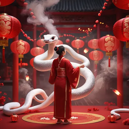 Prompt: (Chinese New Year celebration), a person interacting lovingly with a (white snake), in a (Japanese anime style), vibrant (red color scheme), surrounded by (festive lanterns), intricate (couplets), and (smoke from firecrackers). The scene is filled with (joyful ambiance), highlighting a sense of (harmony), depicted in (4K resolution) with high detail, capturing the essence of a lively, celebratory atmosphere.