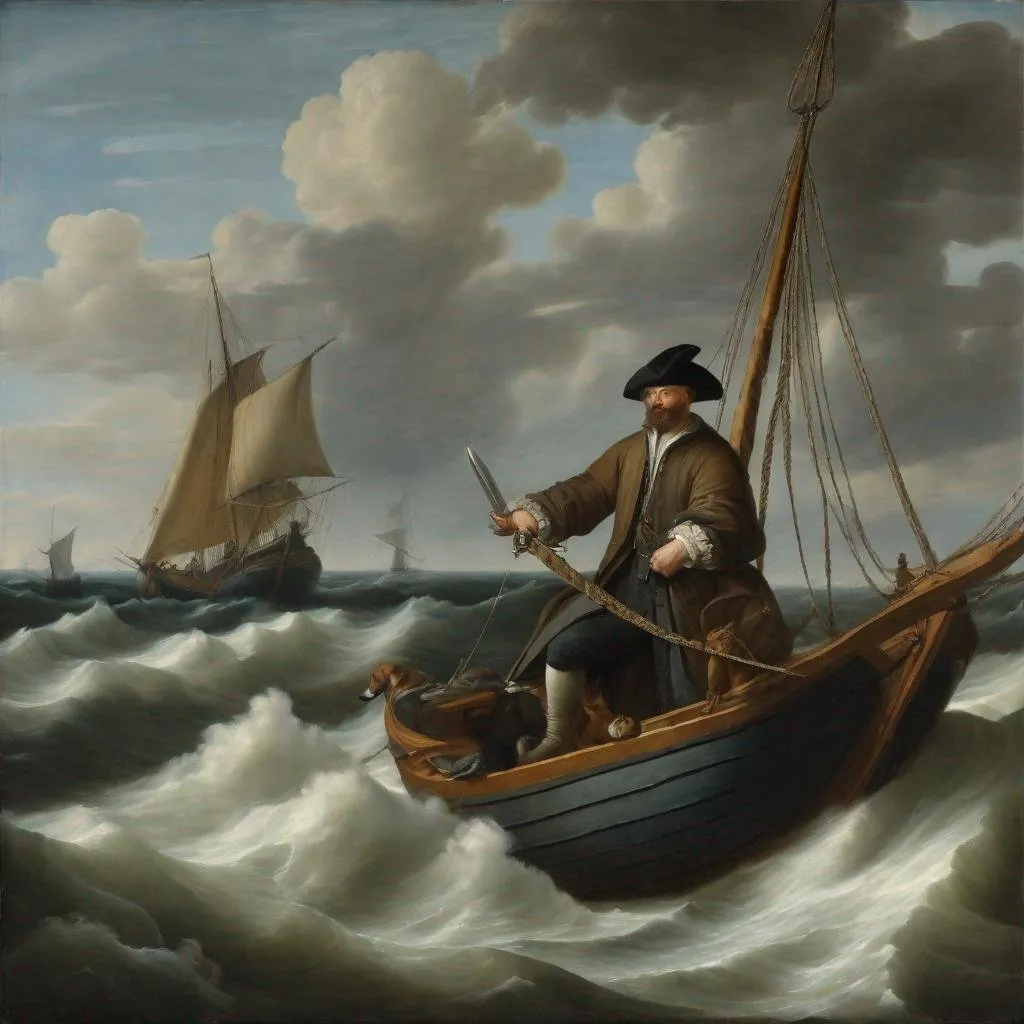 Prompt: A painted landscape of a man with a sword in a large sailing boat with a dog in style of a Dutch artist with a turbulent ocean in background.