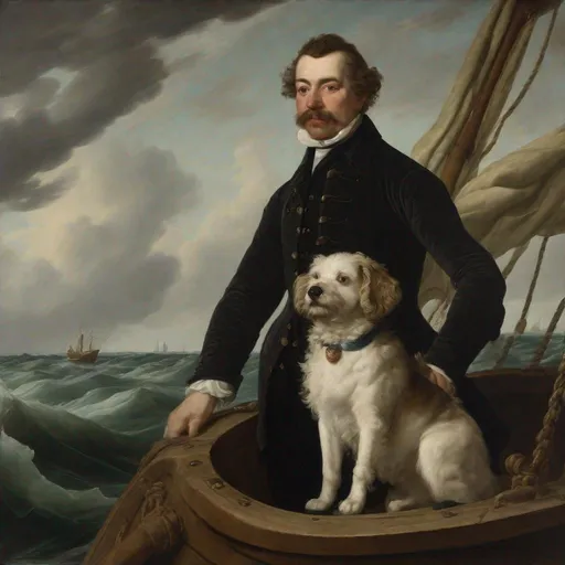 Prompt: A painted portrait of a man in a boat with a dog in style of a Dutch turbulent ocean in background.