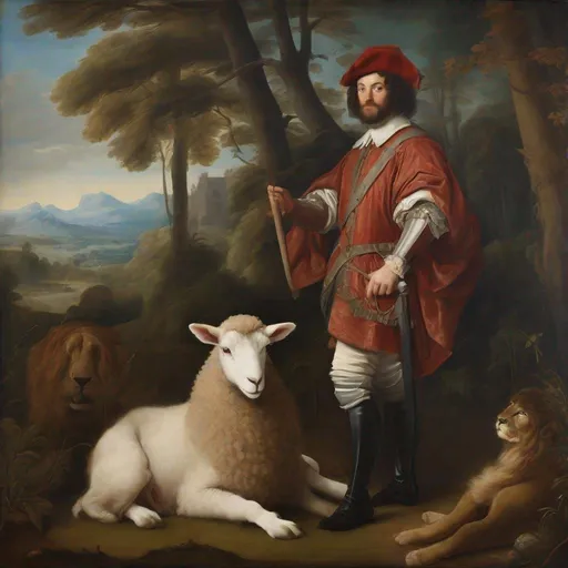 Prompt: A painted portrait of a man protecting a lamb from a lion in style of a Renaissance painter with forrest in background.